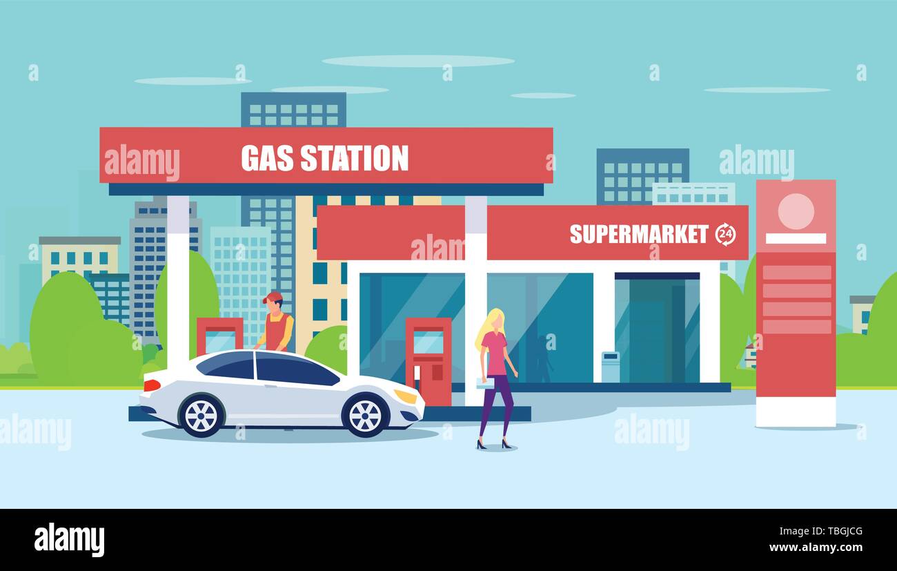 Vector of gas station, supermarket and fueling car Stock Vector