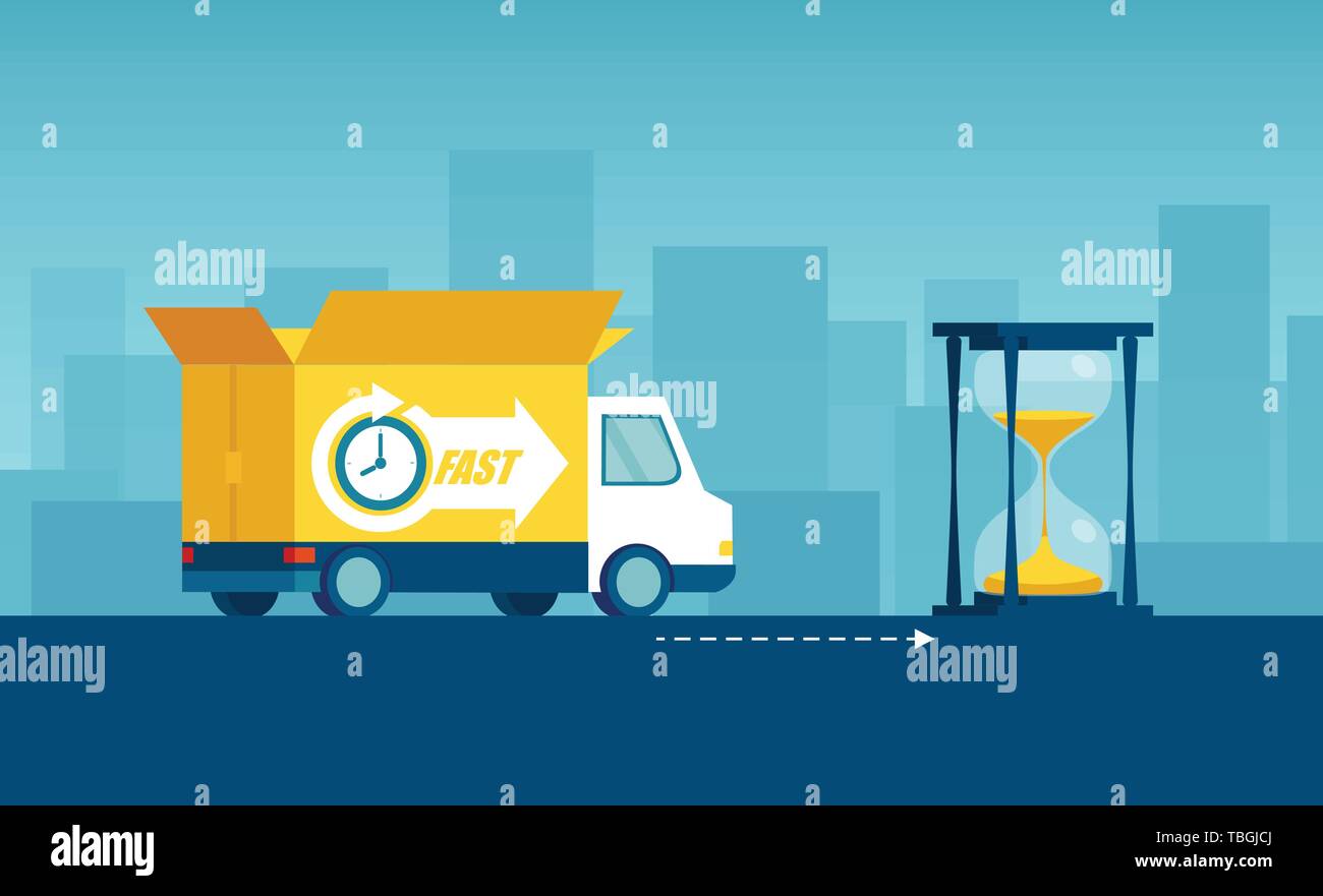 Fast delivery service concept. Vector of a truck with open box container and hourglass as symbol of fast shipping. Stock Vector