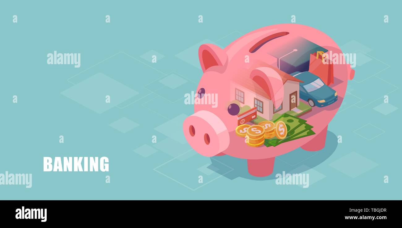 Vector of a piggy bank with dream home, car, education loan and cash savings inside Stock Vector