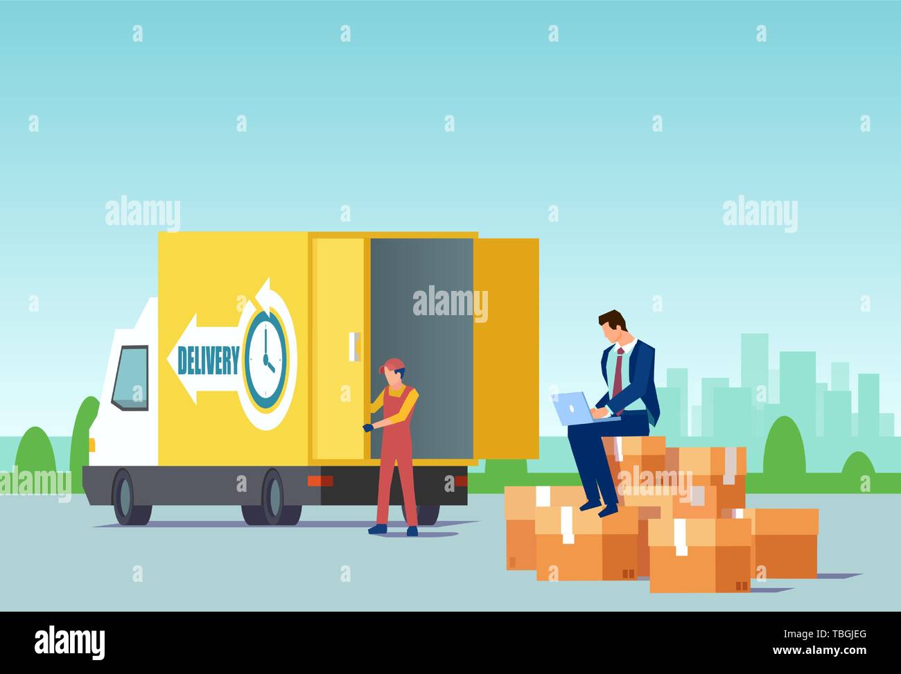 Vector of a businessman selling products online using fast delivery services. Online e-commerce, shipping concept. Stock Vector