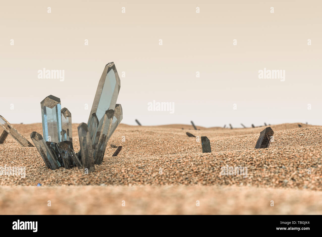 A cluster of magic crystal gather together in the desert, 3d rendering. Computer digital background. Stock Photo