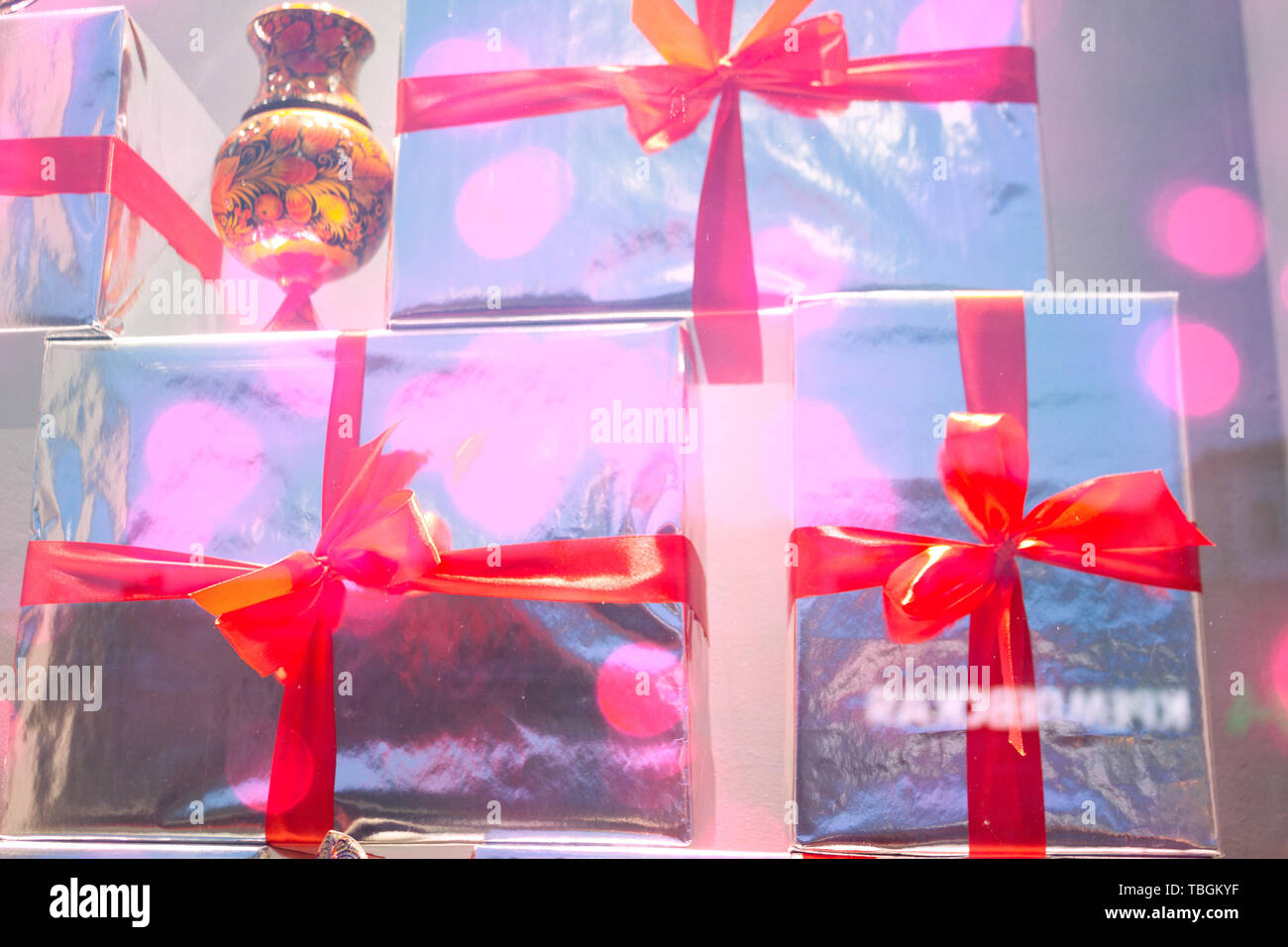 gift boxes with red ribbons. toned image Stock Photo