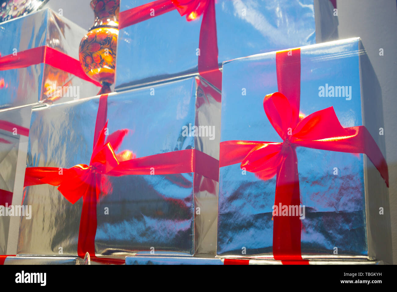 gift boxes with red ribbons. toned image Stock Photo
