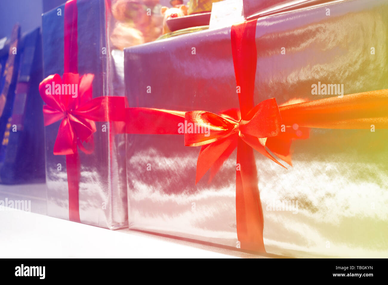 gift boxes with red ribbons. toned image Stock Photo