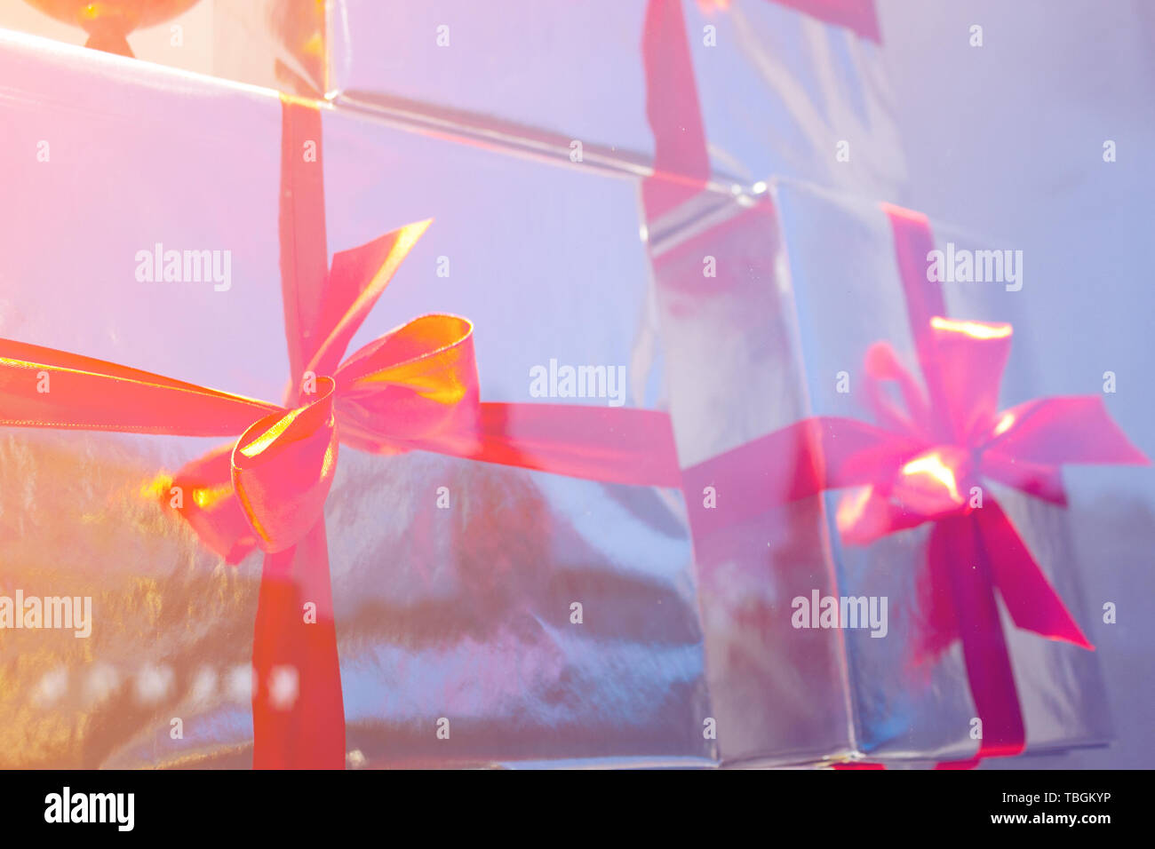 gift boxes with red ribbons. toned image Stock Photo