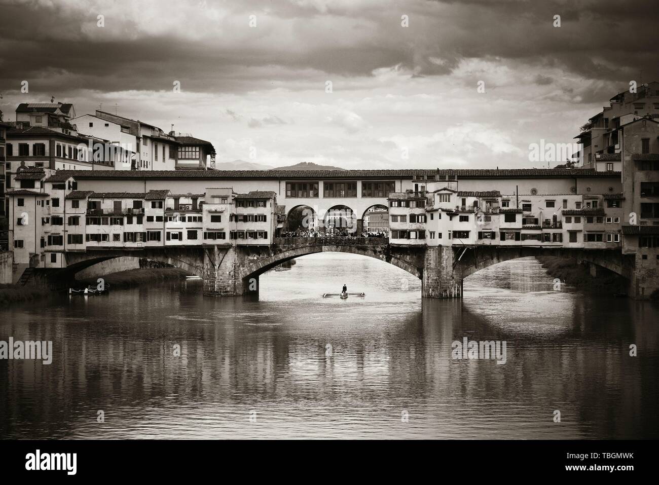 Ponte Vecchio over Arno River in Florence Italy black and white. Stock Photo