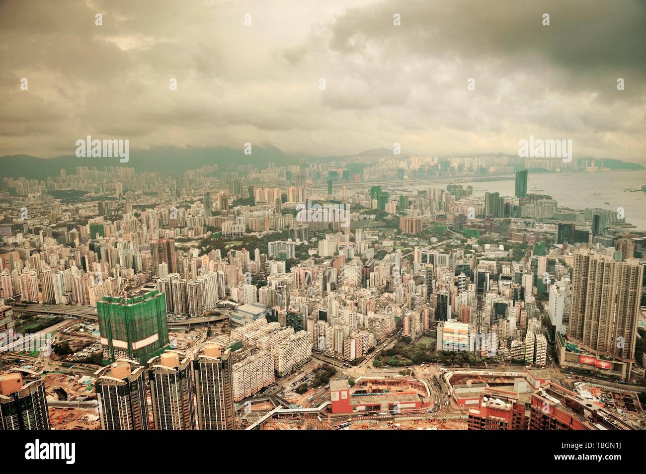 Victoria Harbor aerial view and skyline in Hong Kong with urban ...