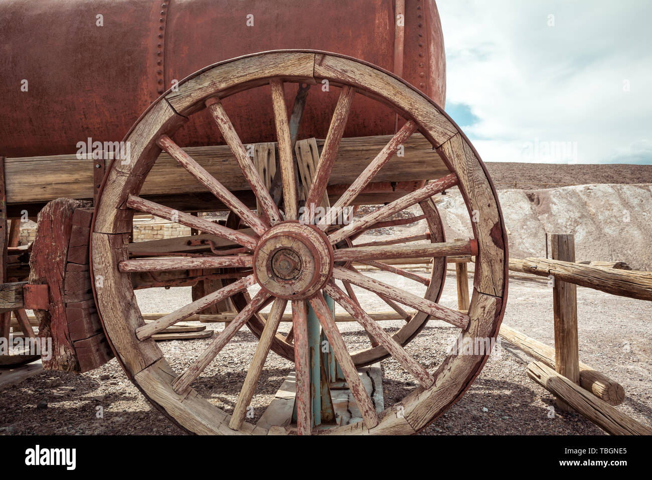 The wagon wheels of the old wagon. Harmony Borax Works in Death Valley