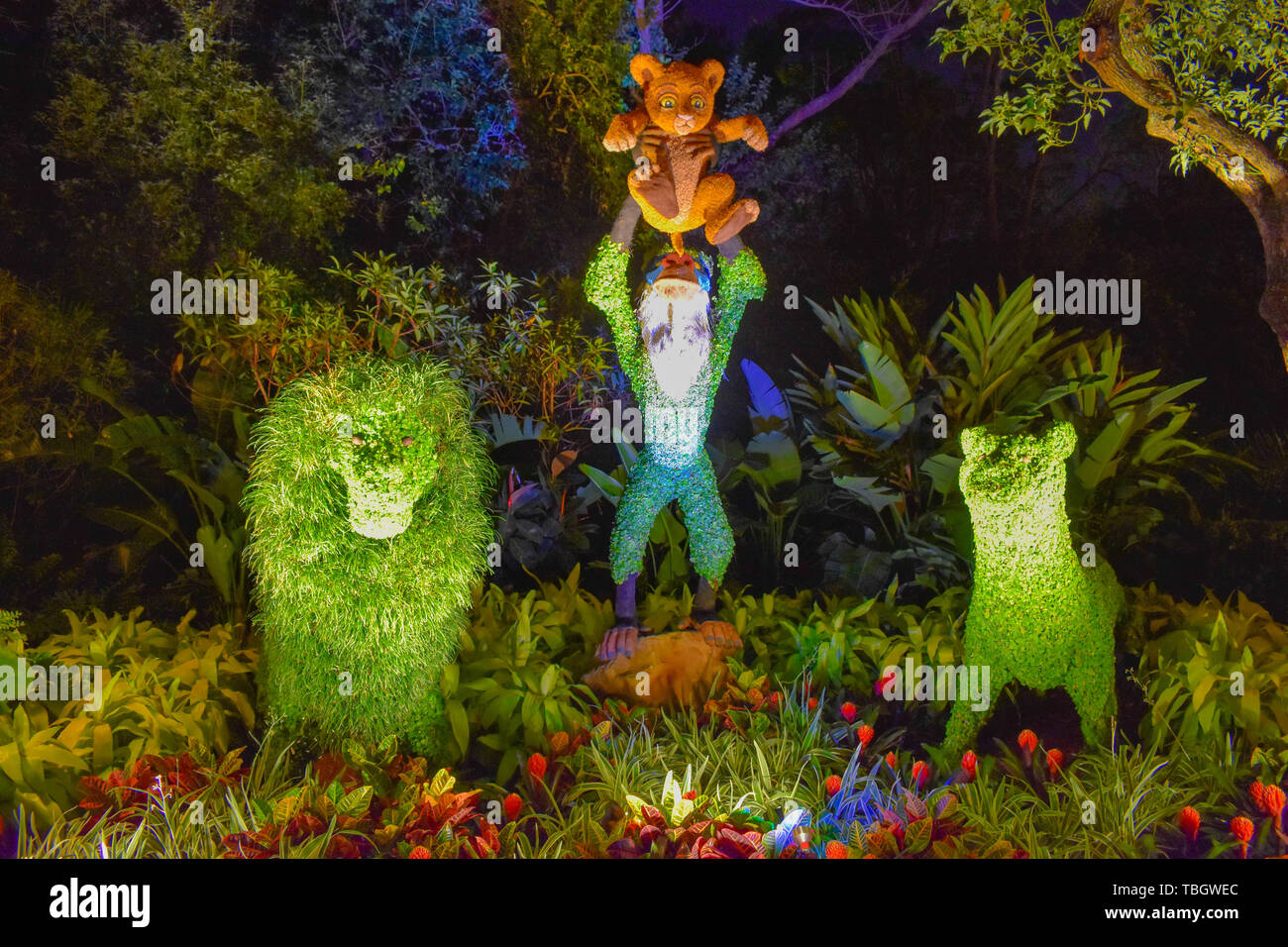 Orlando, Florida . March 27, 2019. Rafiki monkey and Simba topiaries on forest scenery at Epcot in Walt Disney World  (1) Stock Photo