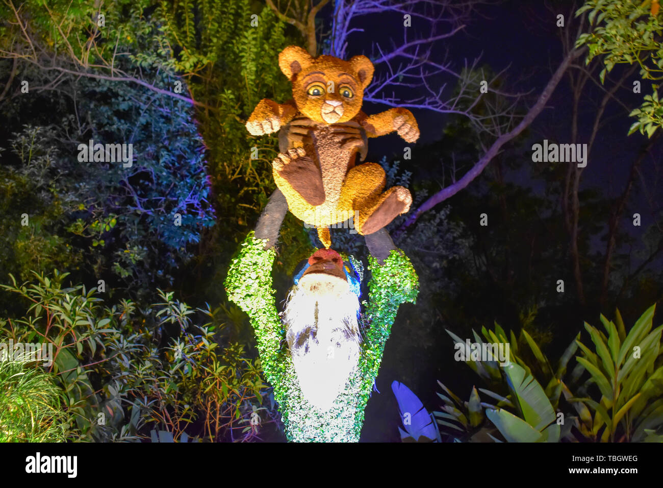 Orlando, Florida . March 27, 2019. Rafiki monkey and Simba topiaries on forest scenery at Epcot in Walt Disney World  (2) Stock Photo