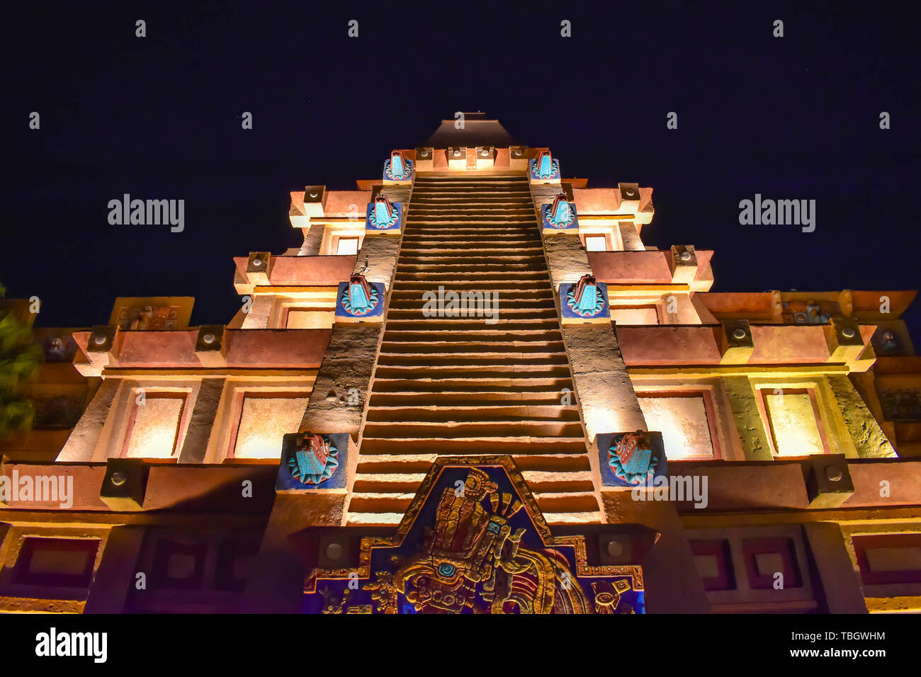 Orlando, Florida . March 27, 2019. Top view of Maya Pyramid in Mexico Pavilion on night background at Epcot in Walt Disney World . Stock Photo