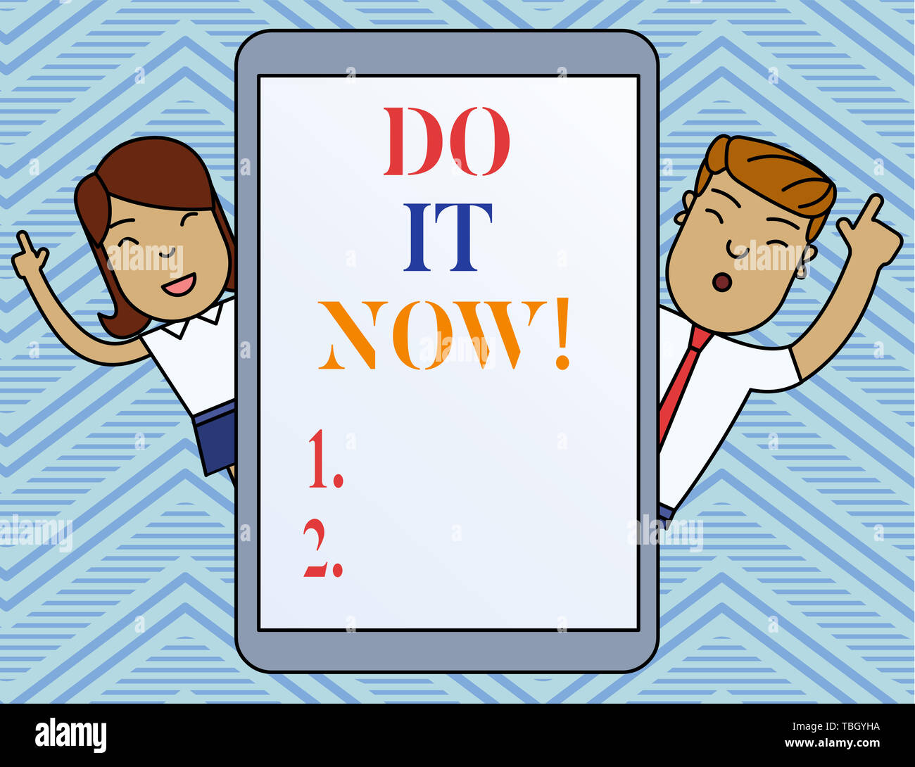 Conceptual Hand Writing Showing Do It Now Concept Meaning Not Hesitate And Start Working Or Doing Stuff Right Away Male And Female Index Fingers Tabl Stock Photo Alamy