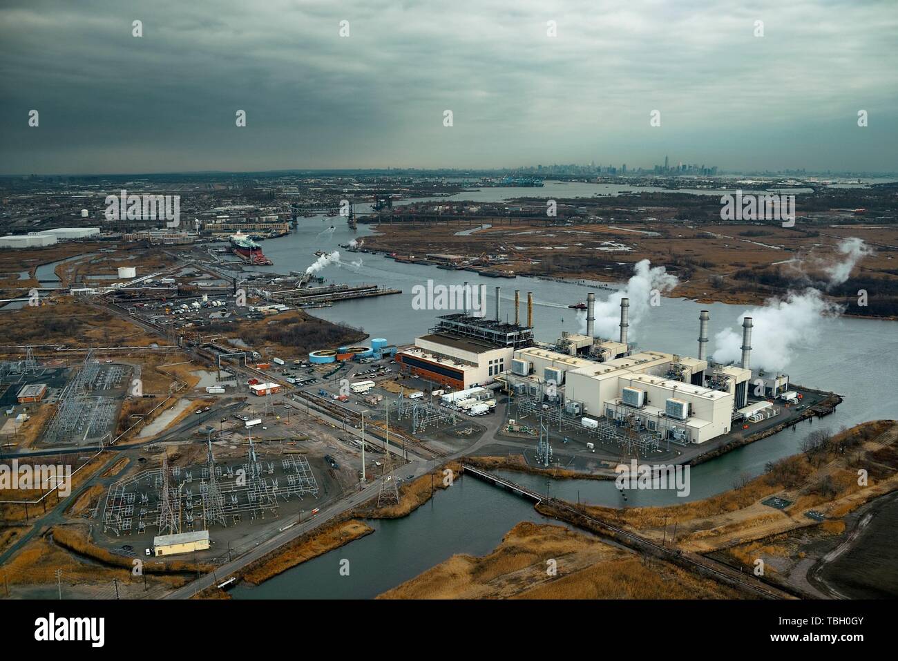 New Jersey oil industry with New York City skyline from afar aerial