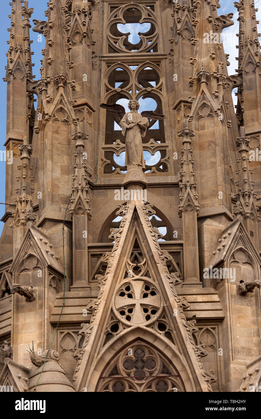 Detail of the Gothic Cathedral of the Holy Cross and Saint Eulalia (Catedral de la Santa Cruz y Santa Eulalia) in Barcelona, Catalonia, Spain - 13th,  Stock Photo