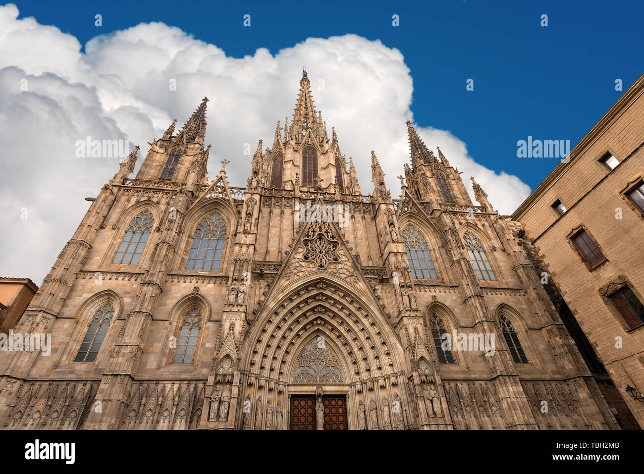 Facade of Barcelona Cathedral in gothic style, the Holy Cross and Saint Eulalia (Catedral de la Santa Cruz y Santa Eulalia). Catalonia, Spain - 13th,  Stock Photo
