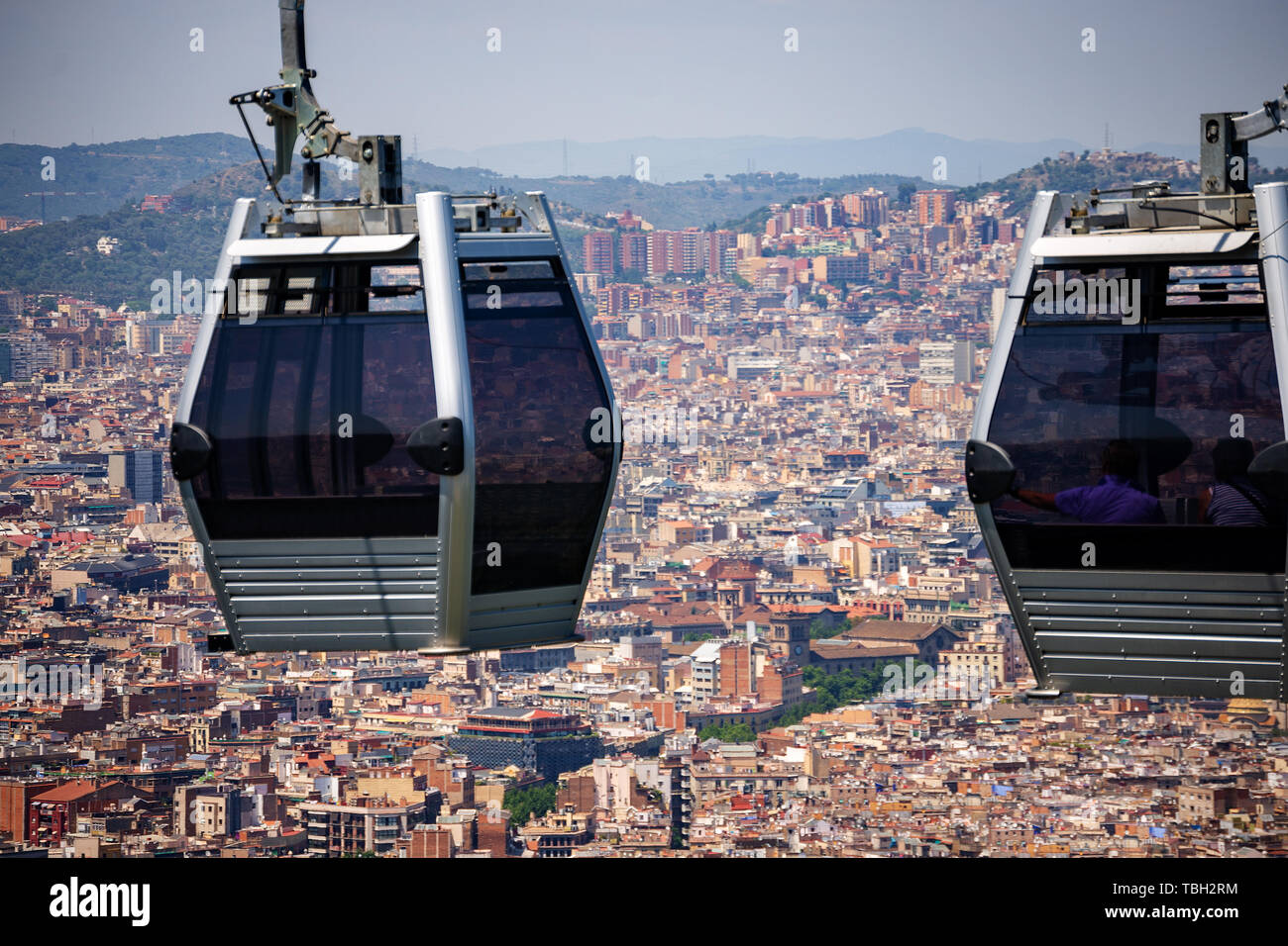 Cable car from Barcelona to the Montjuic hill. In the background the ...