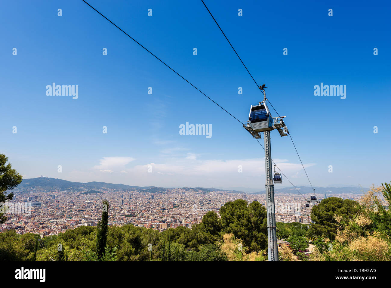 Cable car from Barcelona to the Montjuic hill. In the background the ...