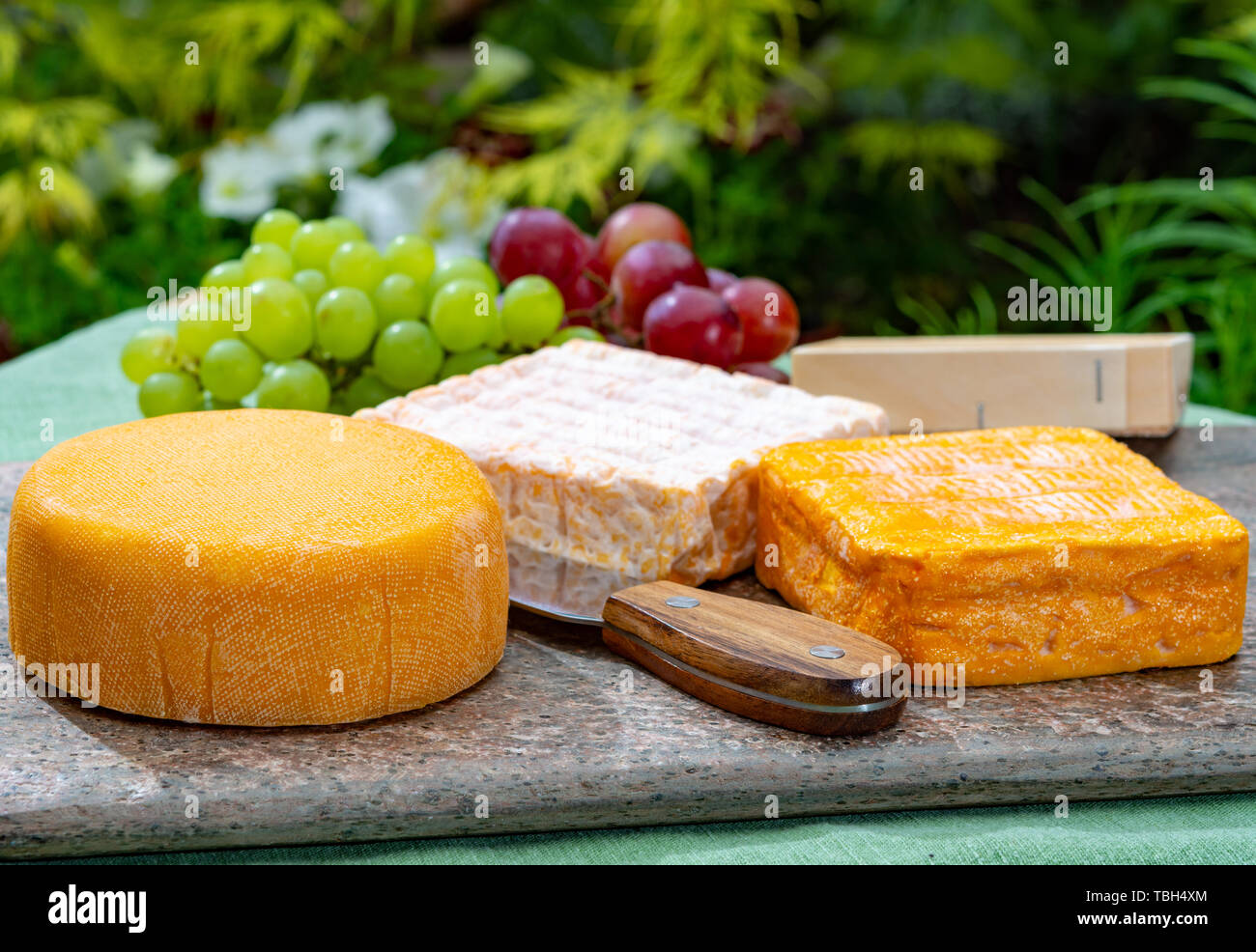 French cheeses collection, yellow Riche de Saveurs, Vieux Pane and Le peche  des bons peres cheeses served with grapes on marble plate outdoor in green  Stock Photo - Alamy