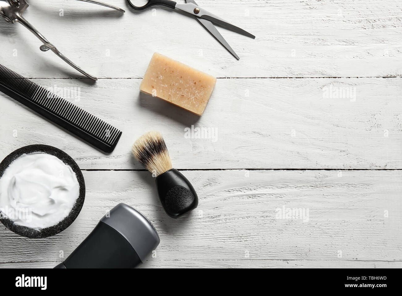 Set of male shaving accessories on white wooden background Stock Photo ...