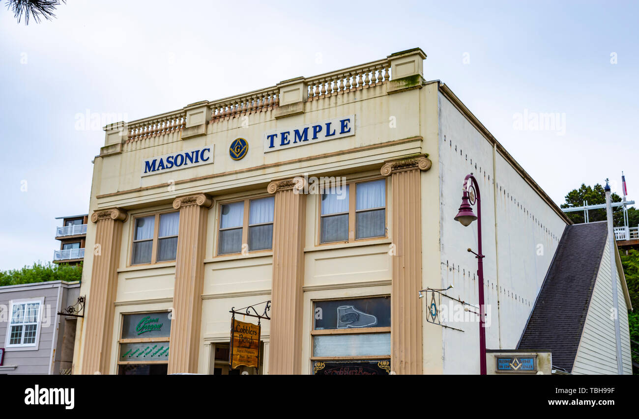 Masonic temple building in Old Town Bandon. Bandon, Oregon Stock Photo