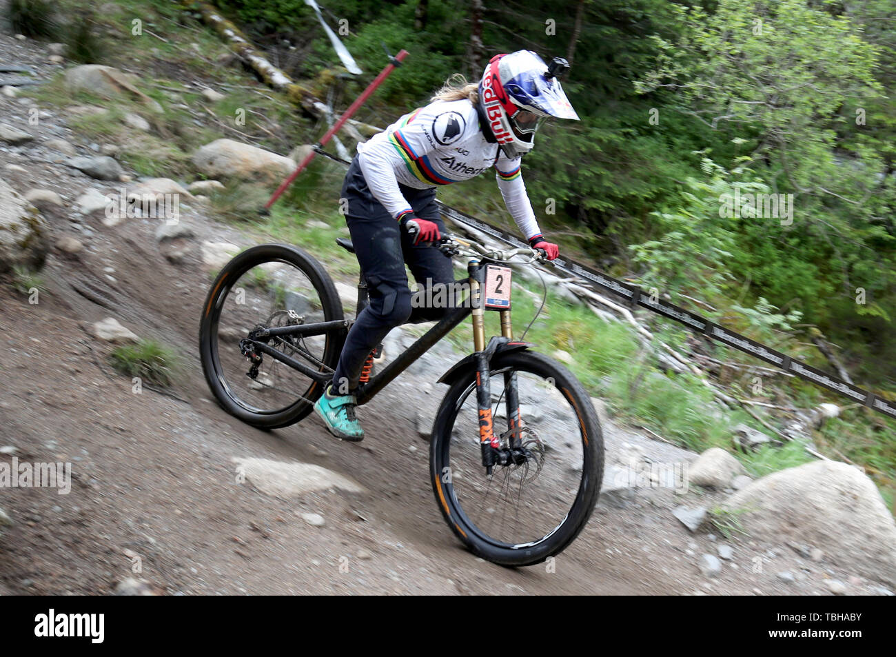 Great Britain's Rachel Atherton in the Women's Downhill Qualifying Round during the UCI Mountain Bike World Cup at Fort William. Stock Photo