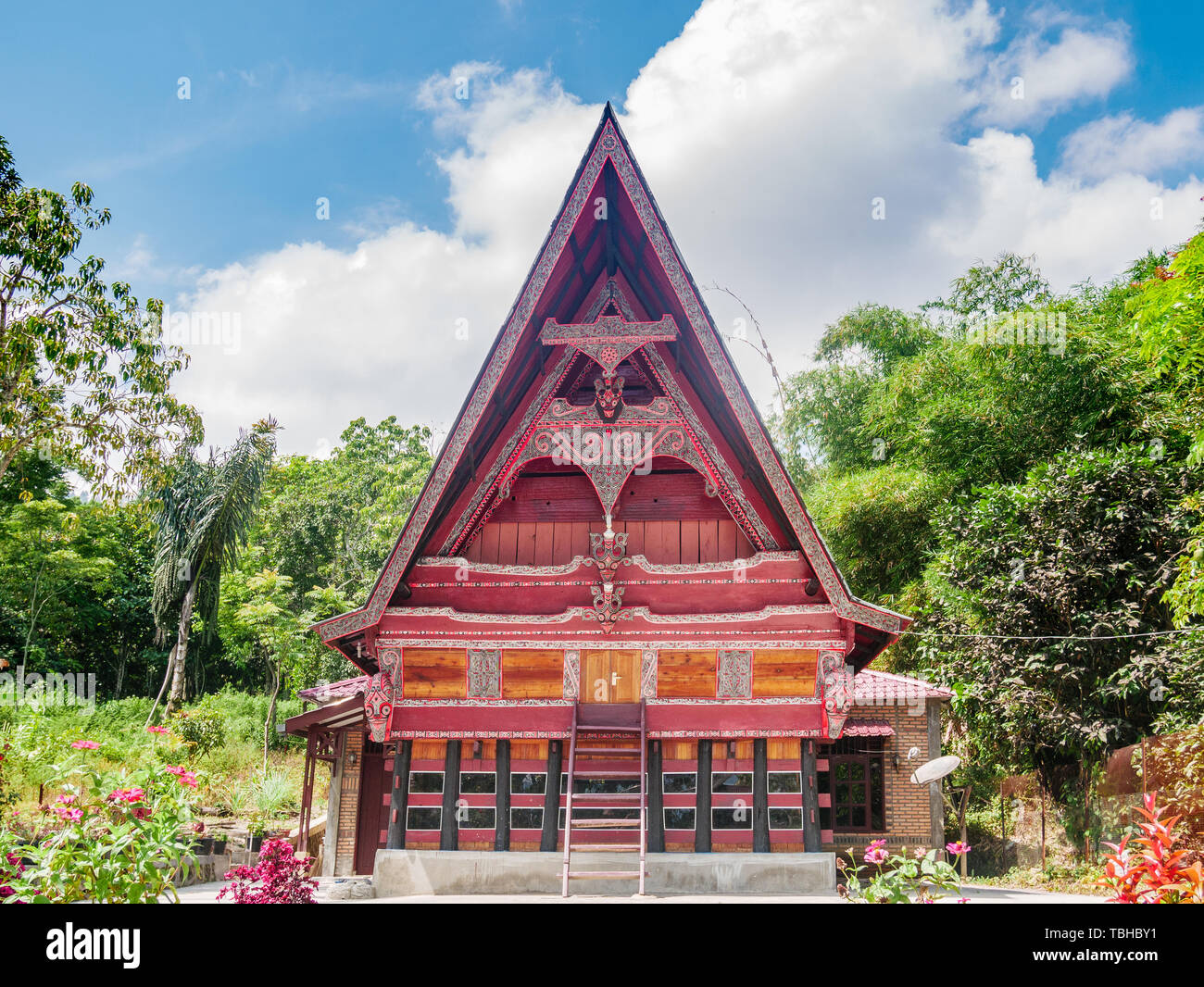 Batak traditional house facade traditional village front view at lake Toba, famous travel destination in Sumatra, Indonesia. Stock Photo