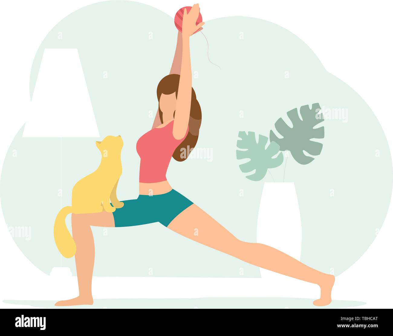 Crescent lunge pose. Woman doing Yoga with cat Stock Vector