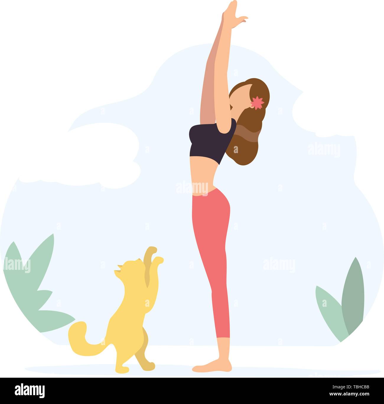 Crescent moon pose. Woman doing Yoga with cat Stock Vector