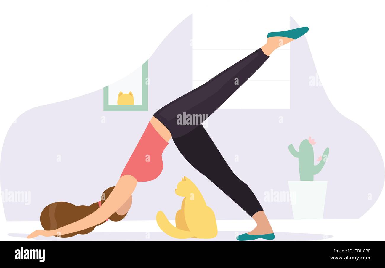 Downward-facing dog. Woman doing Yoga with cat Stock Vector