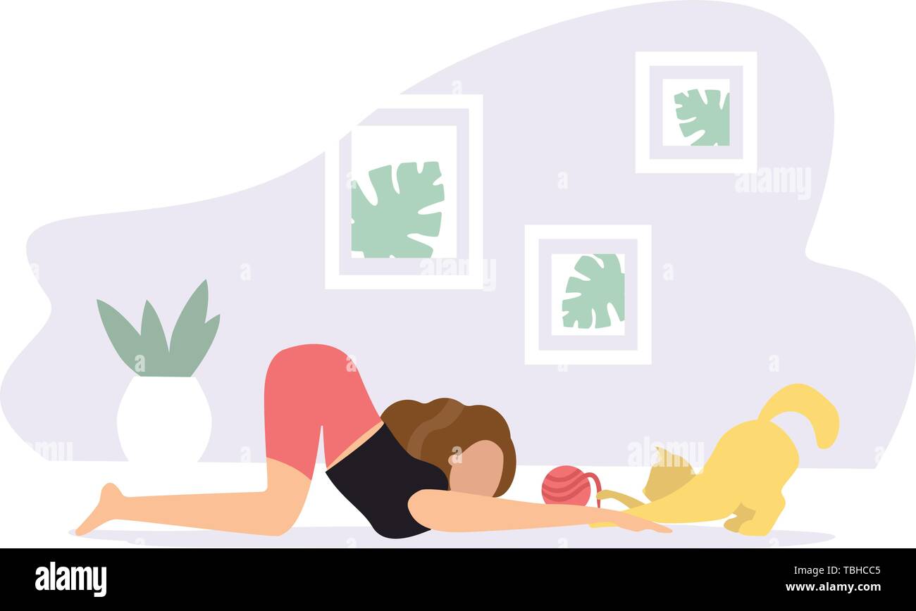 Extended puppy pose. Woman doing Yoga with cat Stock Vector