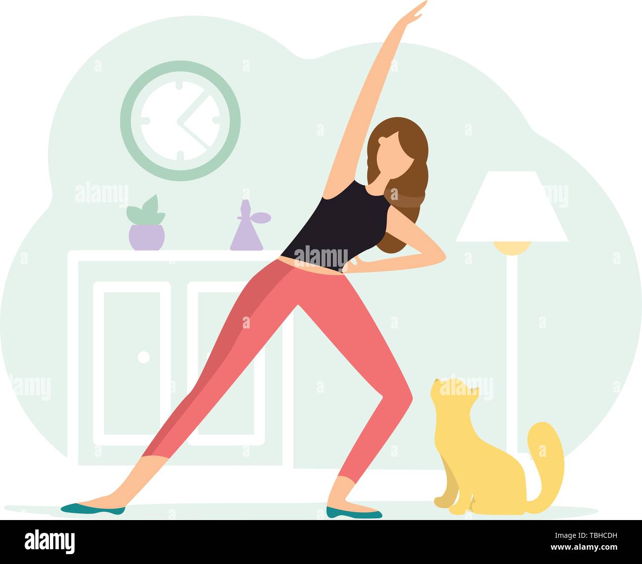Reverse warrior pose. Woman doing Yoga with cat Stock Vector