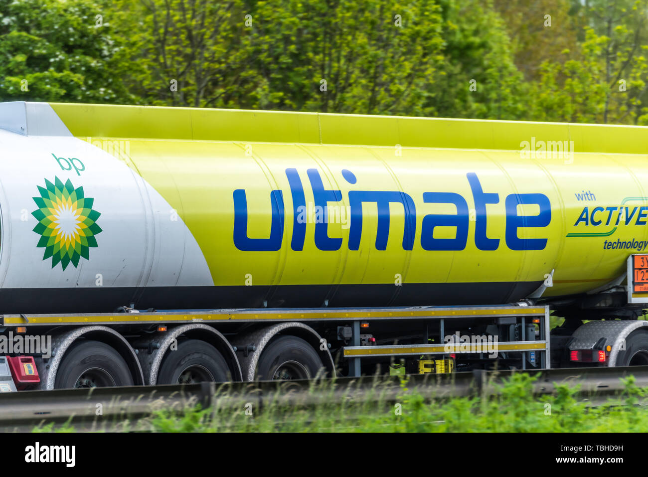 Northampton, UK - May 10th 2019: british petroleum tanker lorry truck on uk motorway in fast motion Stock Photo