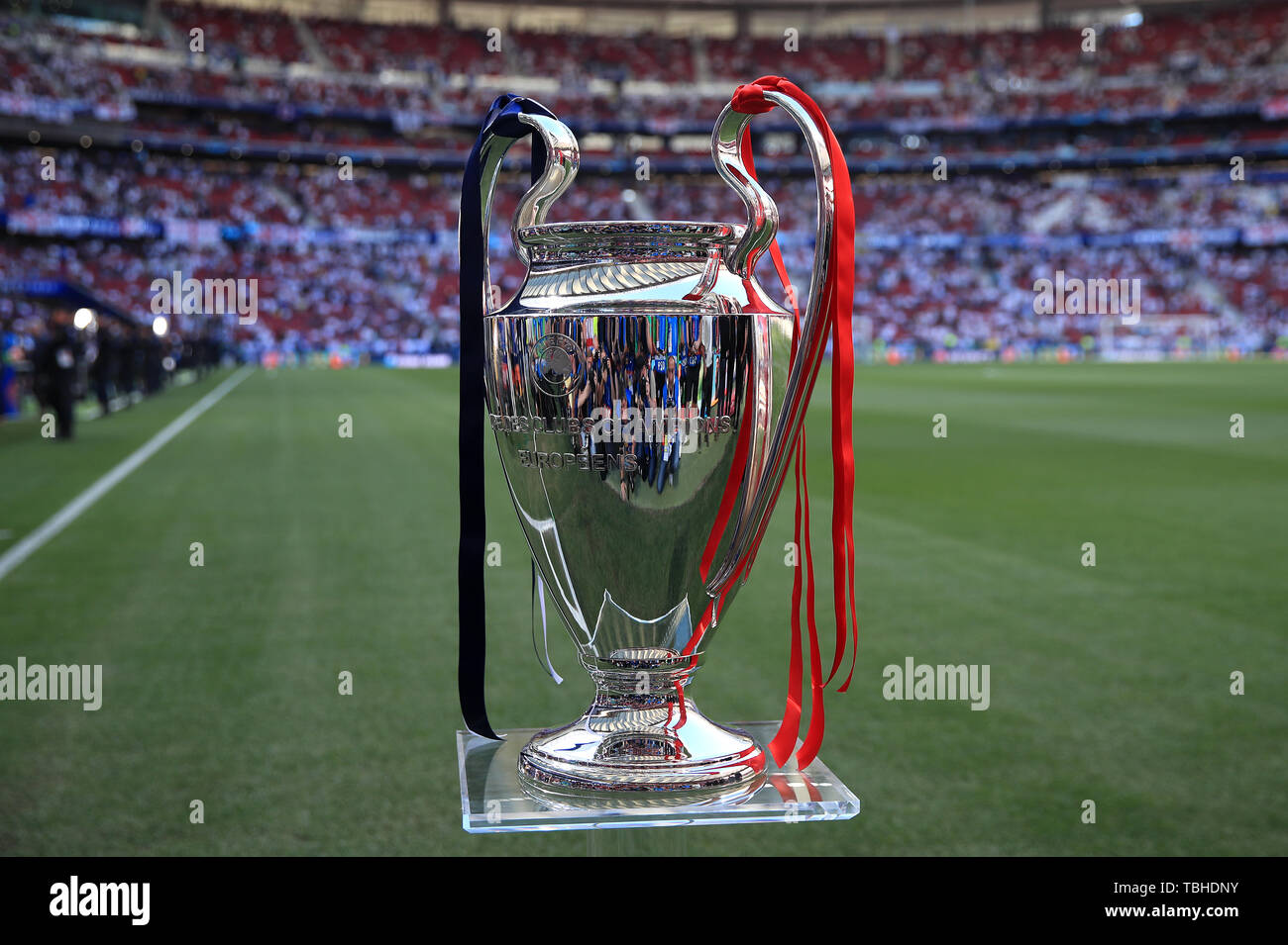 The trophy on display prior to kick-off before the UEFA Champions League  Final at the Wanda Metropolitano, Madrid Stock Photo - Alamy