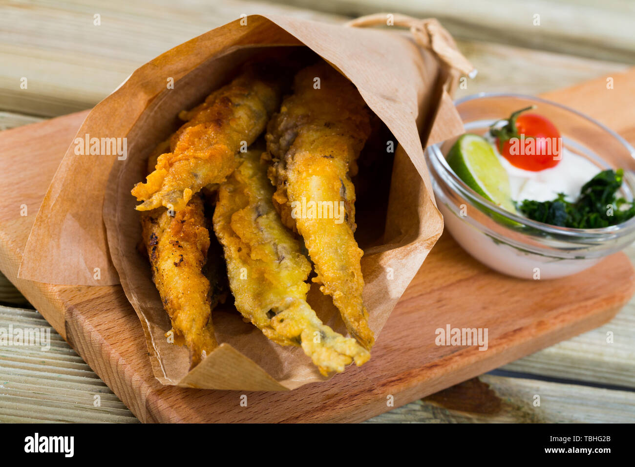 Batterfried Sardines with classic creamcheese sauce and herbs Fish