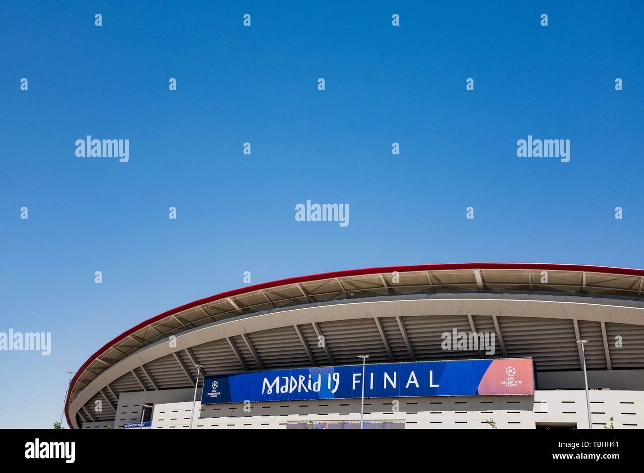 Wanda Metropolitano Stadium before the final of Champions League. Madrid hosts the UEFA Champions League Final between Liverpool and Tottenham Hotspur at the Wanda Metropolitano Stadium. Stock Photo