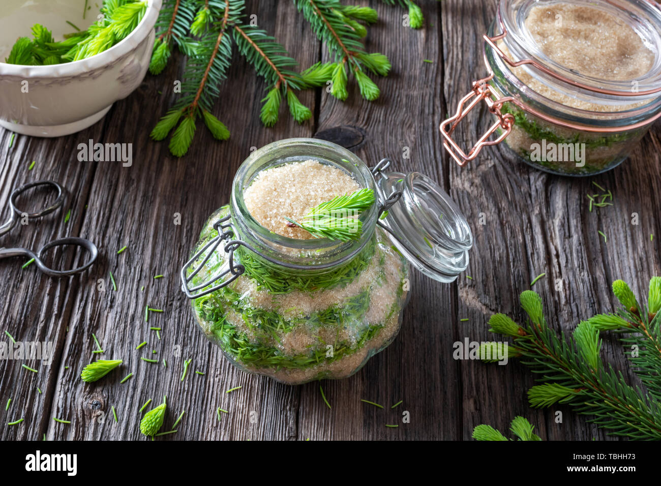 Preparation of homemade syrup against cough from young spruce tips Stock Photo