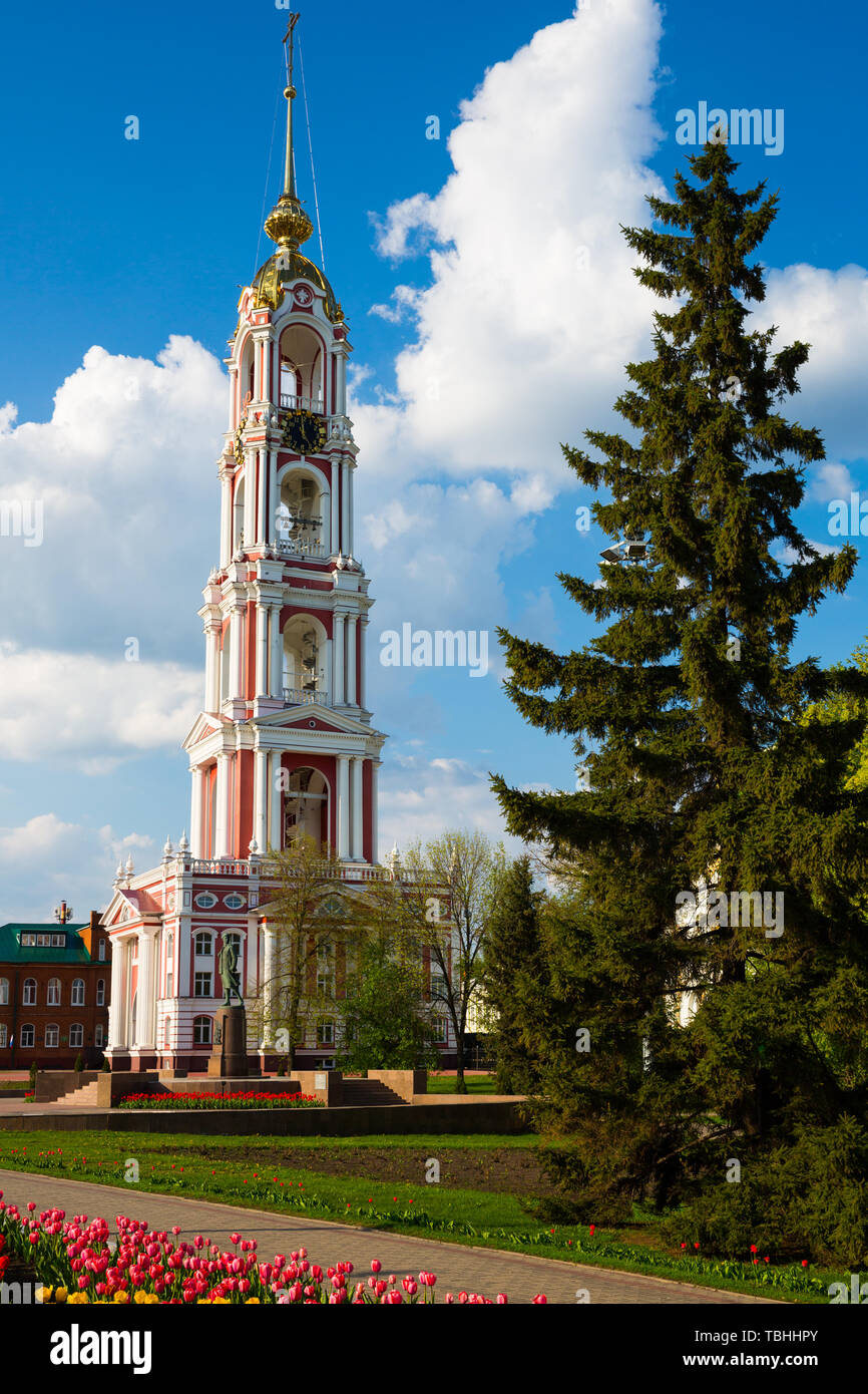 Picturesque spring Tambov cityscape with belfry of Orthodox Kazan Monastery, Russia Stock Photo