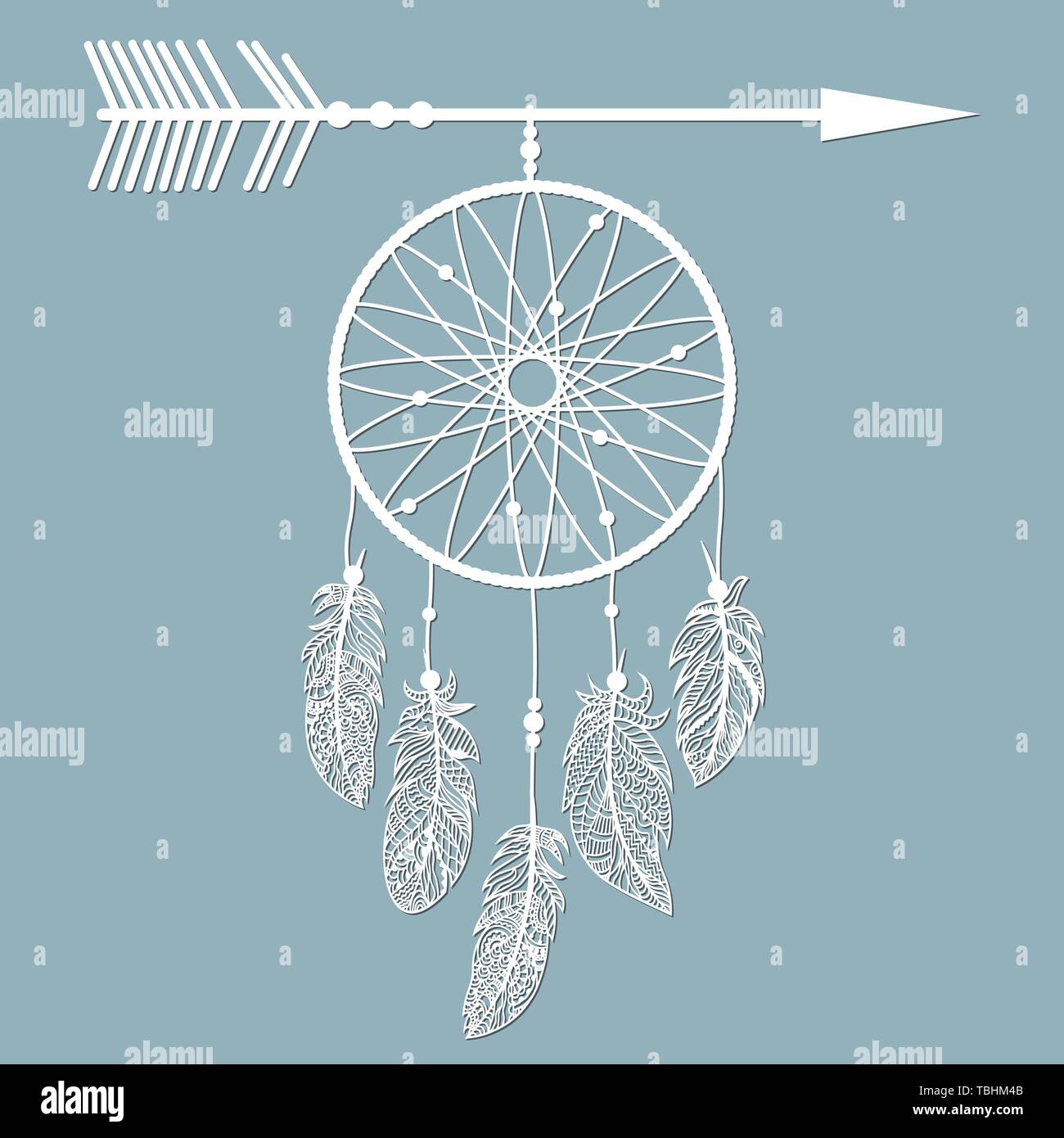 Dream catcher with feathers, laser cut, ritual thing. American boho spirit. Hand drawn sketch vector illustration for tattoos or t-shirt print. Templa Stock Vector