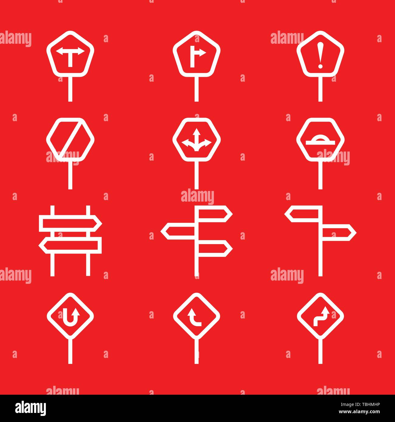 Road sign icons set - Vector on a red background Stock Vector