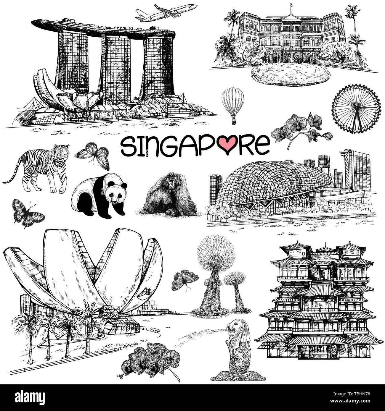 Set of hand drawn sketch style Singapore related objects isolated on white background. Vector illustration. Stock Vector