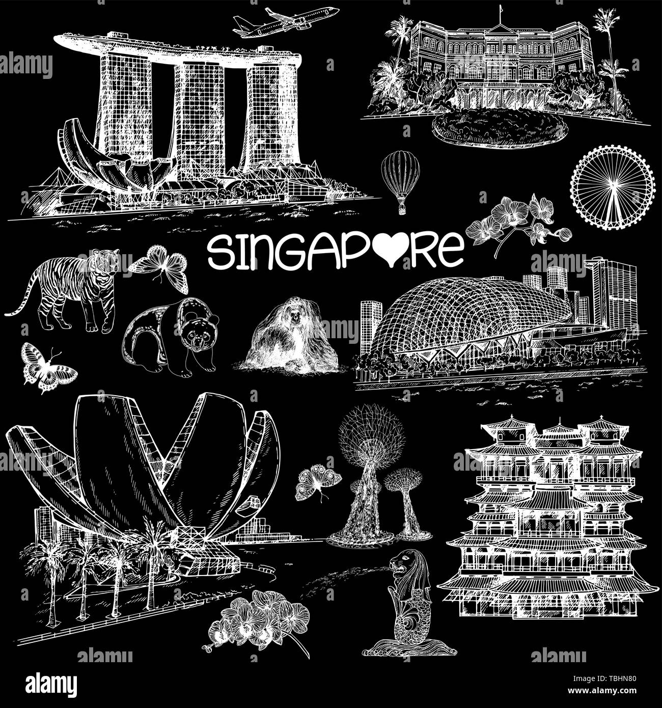 Set of hand drawn sketch style Singapore related objects isolated on black background. Vector illustration. Stock Vector