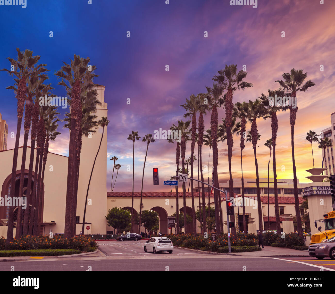 Union Station under a colorful sky at sunset. Los Angeles, California ...