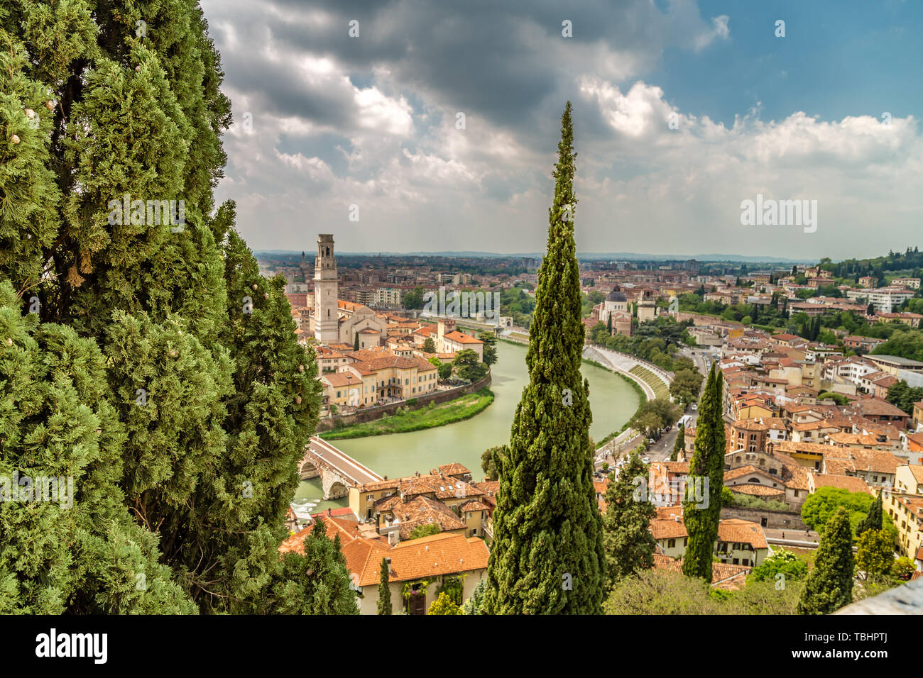 Amazing panorama of the Adige River running along ancient buildings of ...