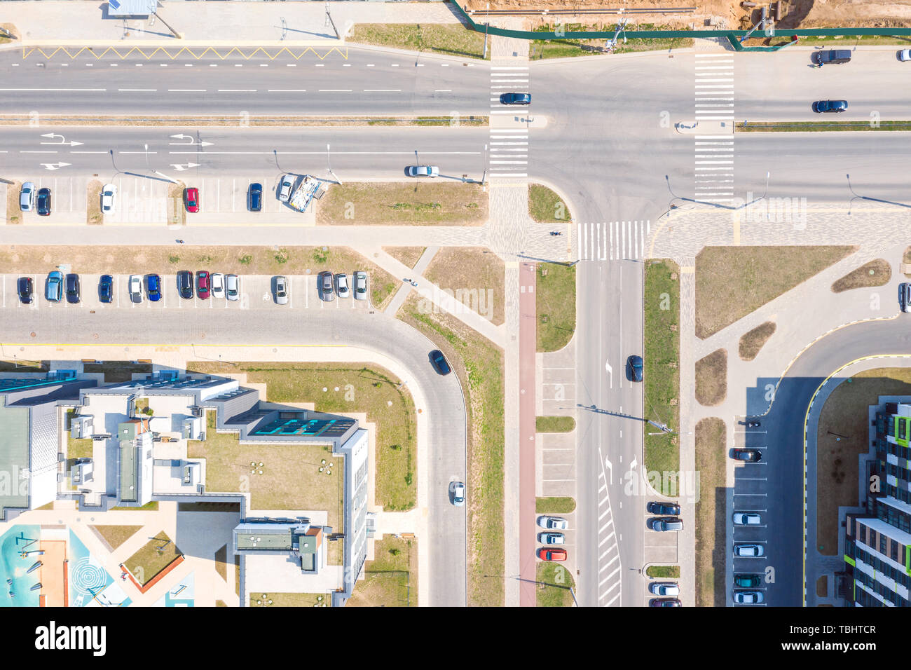 new residential area. birds eye  view of street intersection Stock Photo