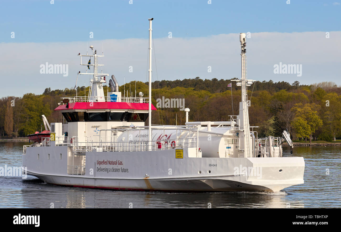Seagas, a small liquified natural gas tanker operating in Stockholm, Sweden Stock Photo