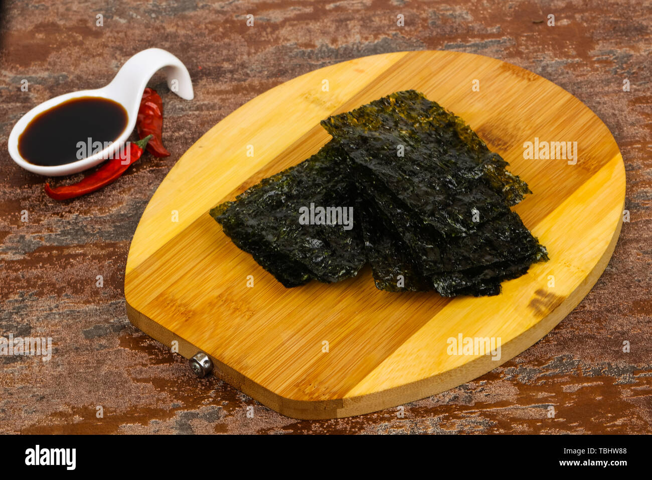 Tasty Nori chips with soya sauce Stock Photo Alamy