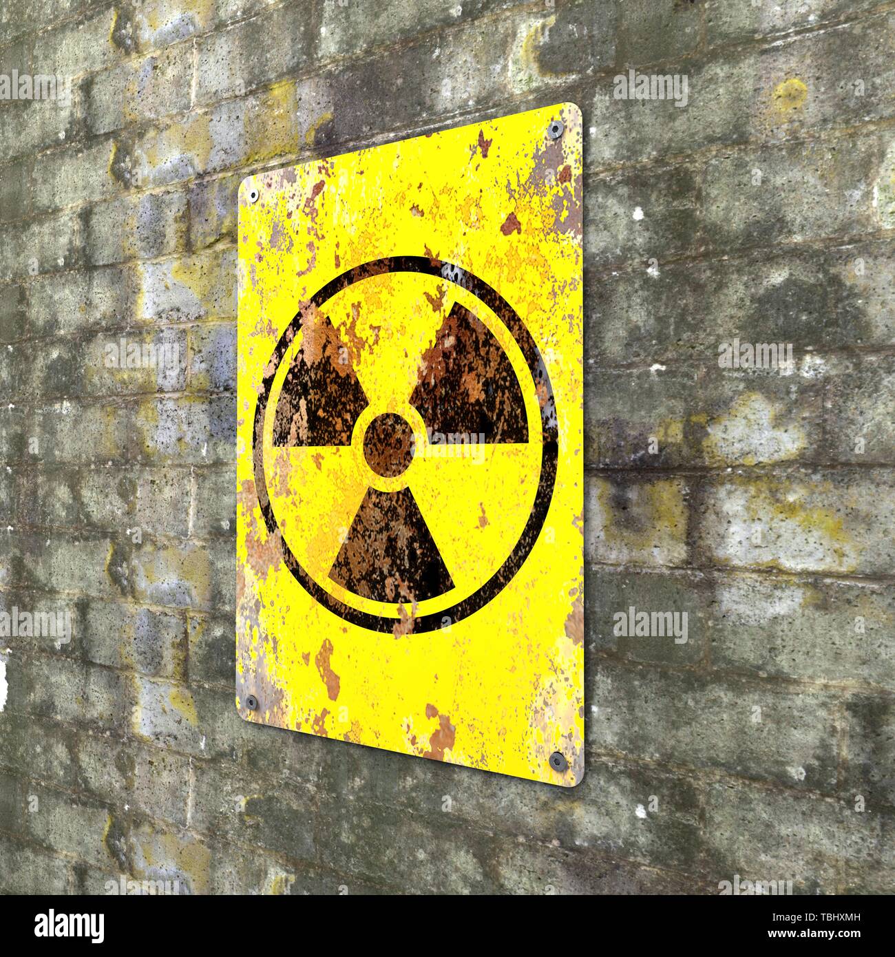 Nuclear site, sign hanging on a brick wall. Indication of the presence of a radioactive area, 3d render. Nuclear weapons. Dangerous site Stock Photo