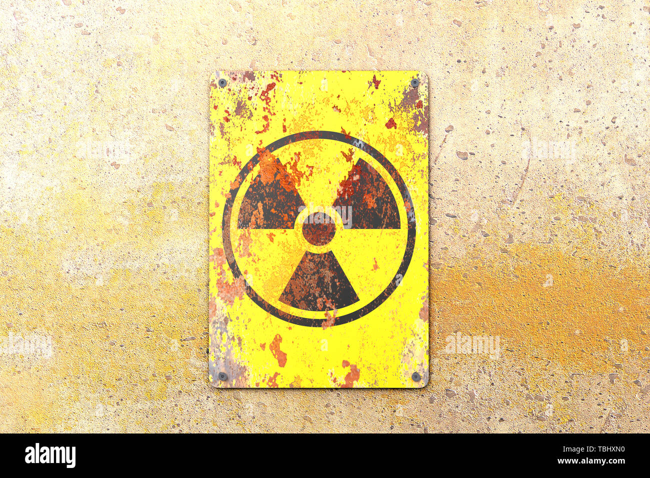 Nuclear site, sign hanging on a yellow wall. Indication of the presence of a radioactive area, 3d render. Nuclear weapons. Dangerous site Stock Photo