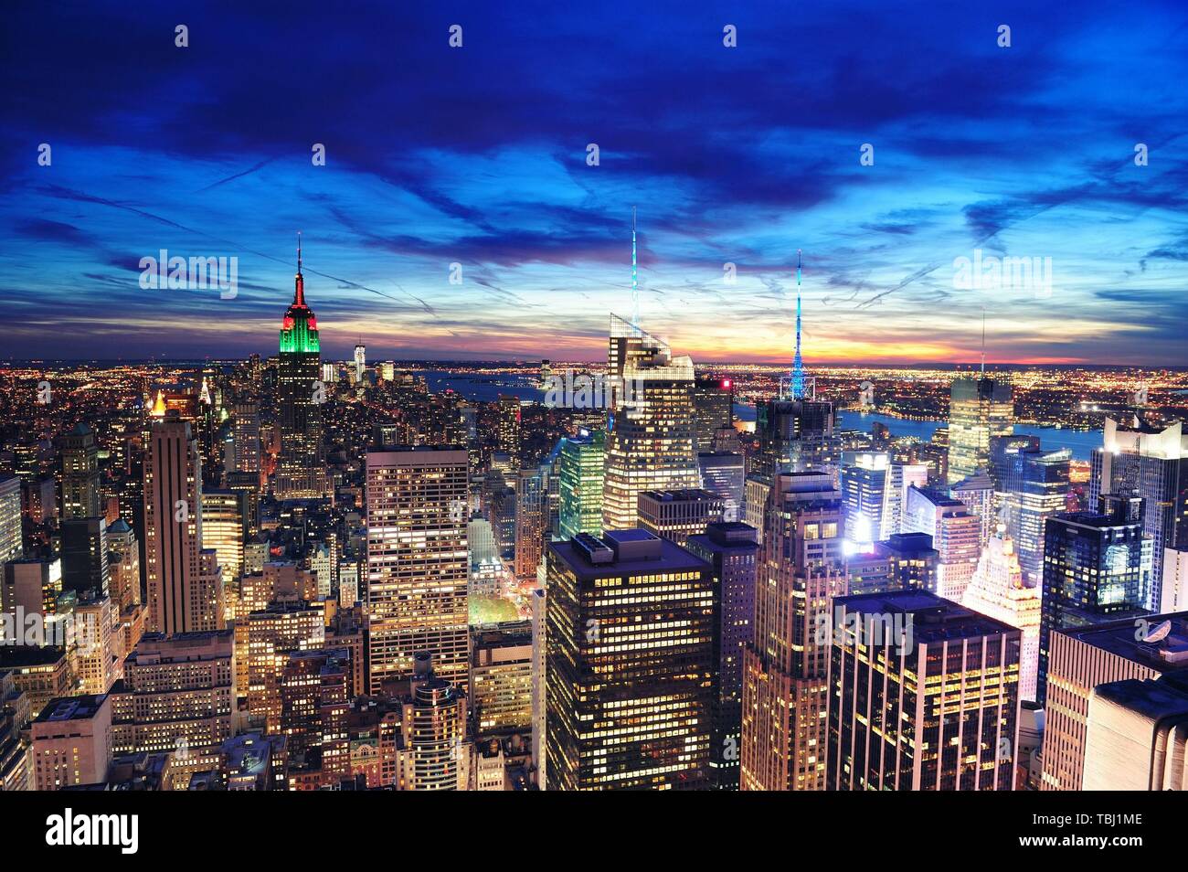 New York City skyline aerial view at dusk with colorful cloud, Empire