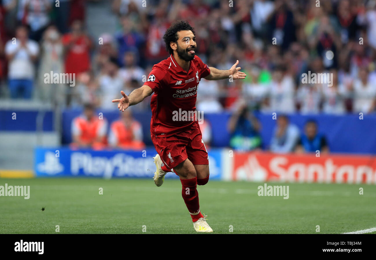 Liverpool's Mohamed Salah Celebrates Scoring His Side's First Goal Of ...